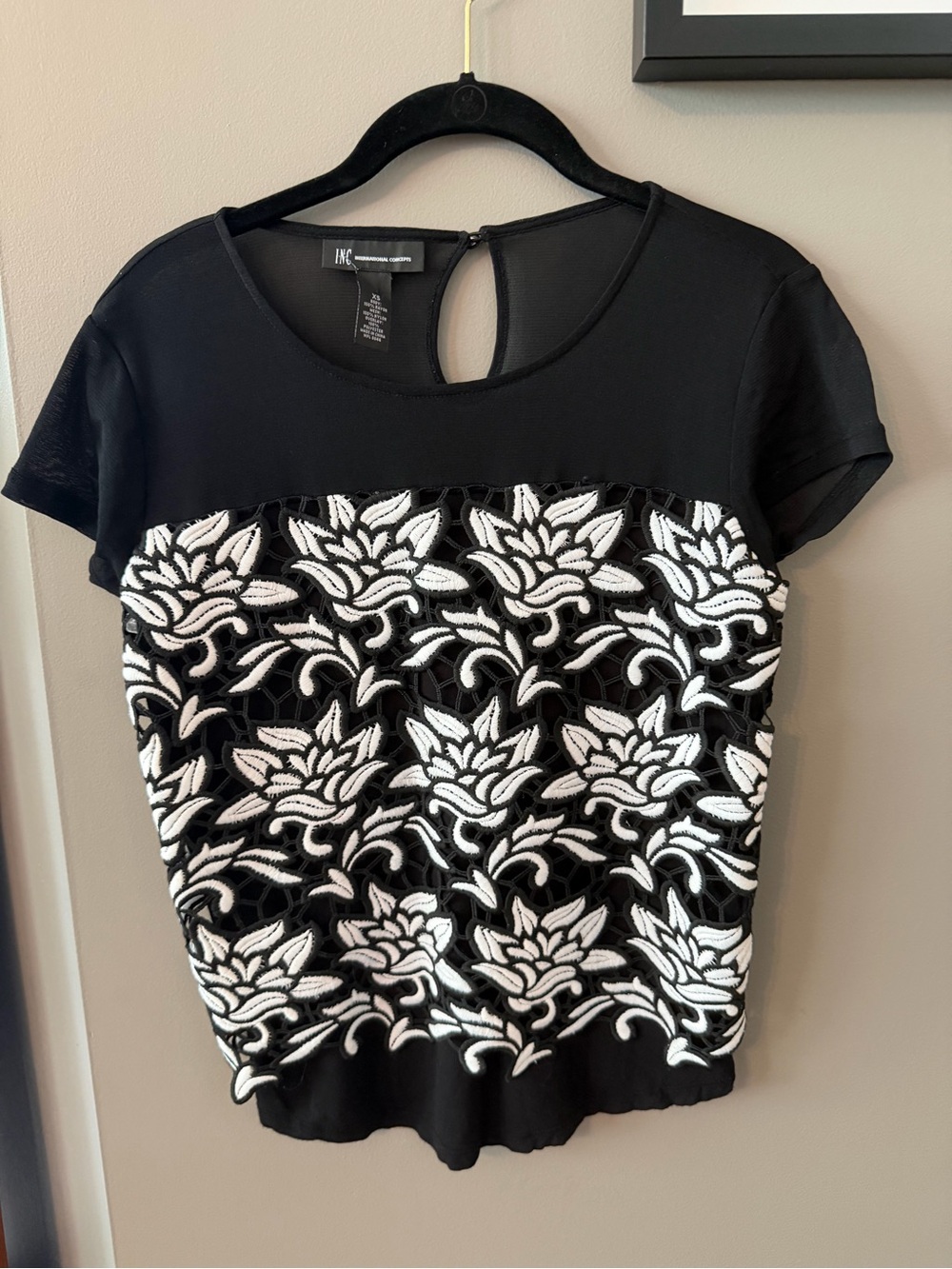 INC International Concepts Black Top with White Floral Overlay